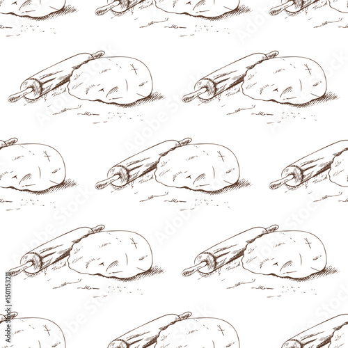 Hand drawn vintage seamless pattern of dough with rolling pin in engraving sketch style in brown ink