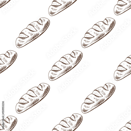 Hand drawn vintage seamless pattern of french baguette bread in engraving sketch style in brown monochrome ink