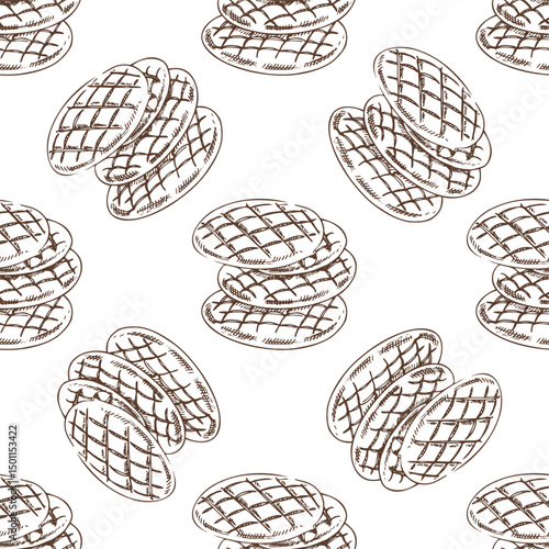Hand drawn vintage seamless pattern of shortbread cookies with crisscross texture in engraving sketch style in brown ink