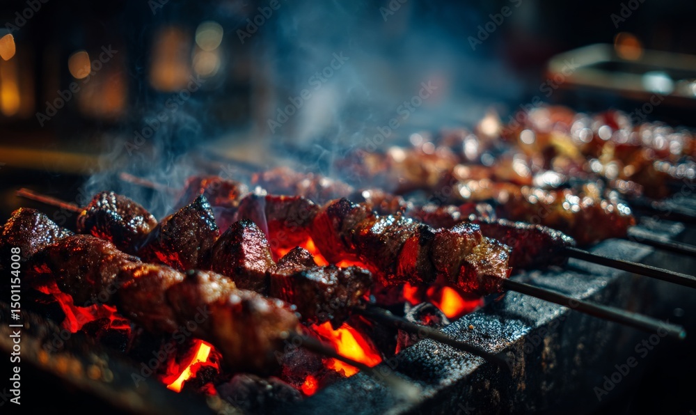 Skewers of grilled meat cooking over hot coals with smoke rising. Skewers of grilled meat cooking over hot coals with smoke rising.