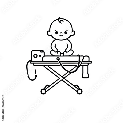 Baby Sitting on an Ironing Board with an Iron Nearby, Smiling Playfully, Depicting a Lighthearted and Unconventional Scene, Vector Art