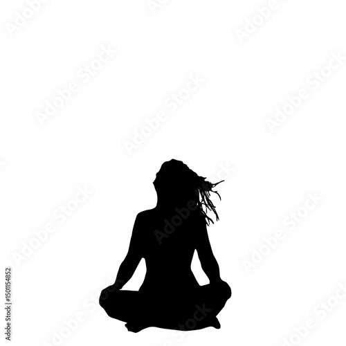 Woman Silhouette Meditating: A serene woman silhouette sits cross-legged, her hair blowing gently in the wind, evoking a sense of peace and tranquility.  The image suggests freedom, relaxation.