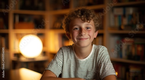 Joyful Childhood Moment: Curly-Haired Boy in Striped Shirt Smiling at Desk – Warm Cozy Study Scene and Soft-Lit Portrait: Smiling Boy with Bookshelves & Round Lamp – Educational & Family Content Ready