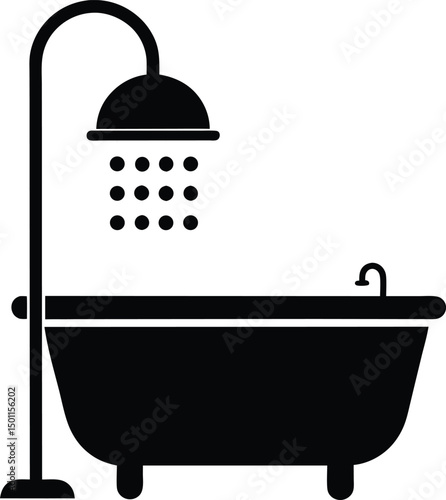 Bathtub with Shower Icon. Bathroom Design Vector Illustration.