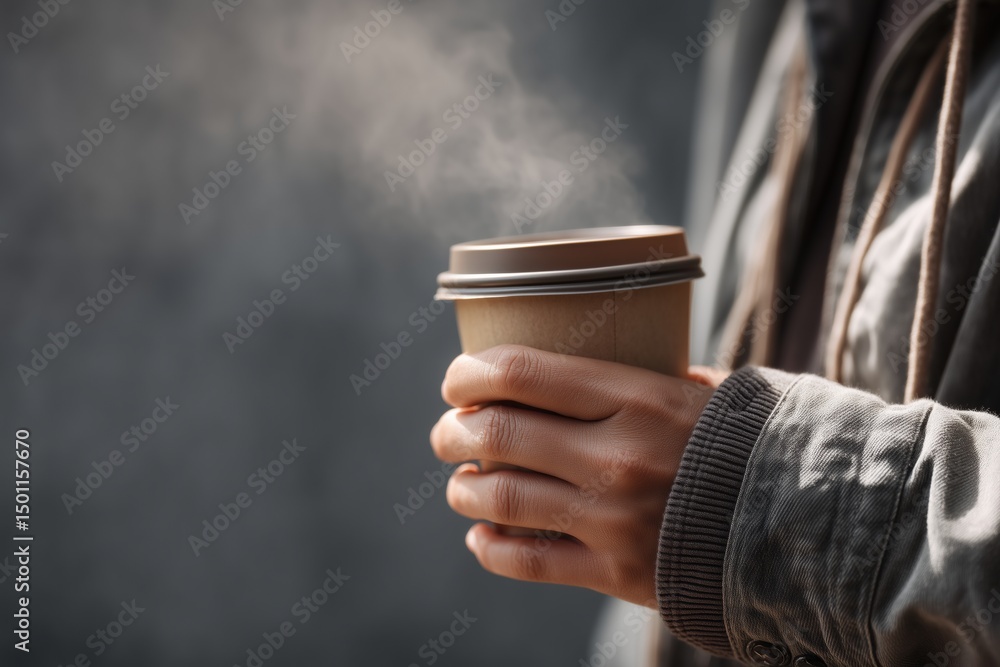 Hands holding takeaway coffee cup in soft light
Hands holding takeaway coffee cup in soft light