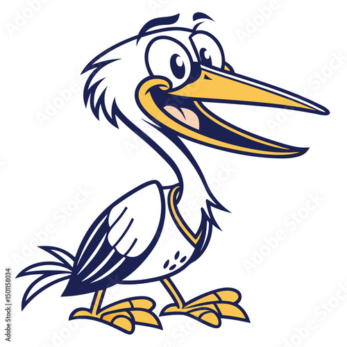 Cartoon pelican mascot illustration smiling widely with white and navy blue coloring stands cheerfully