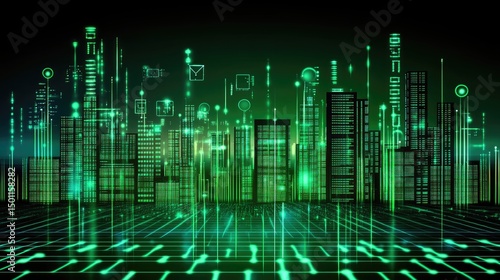 Glowing green digital cityscape with data streams and icons