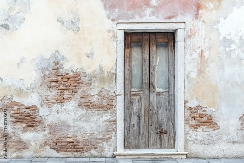 Rustic door set in weathered  colorful wall with peeling paint. Earthy tones of yellow and red create aged texture. Natural light enhances details and mood. Neural network AI generated