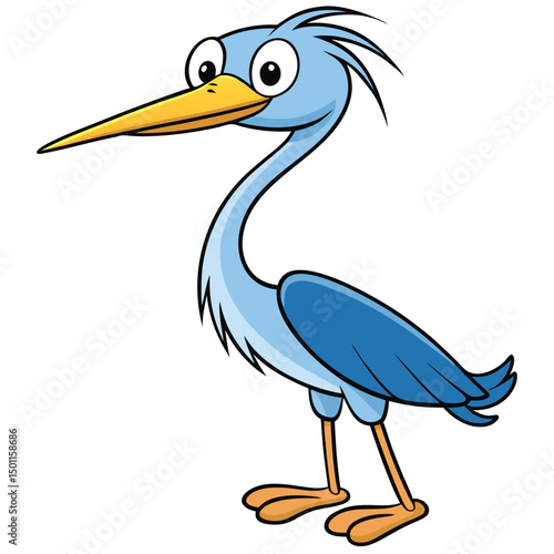 Light blue heron cartoon character stands upright looking cheerful and quite relaxed here