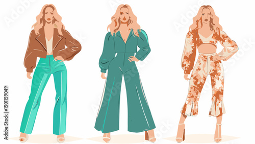 Illustration of three women showcasing different fashion styles and poses on a white background