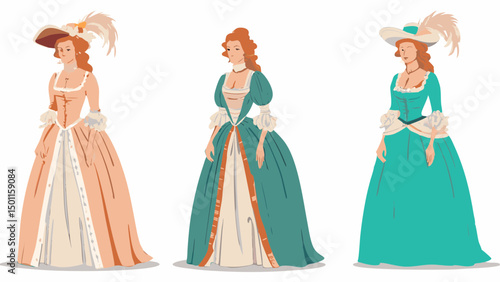 Illustration of three women in rococo era dresses with hats and feather plumes in different colors