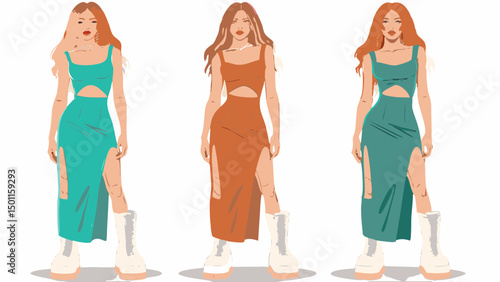 Three women in dresses with thigh high slits and chunky boots standing side by side on a white background