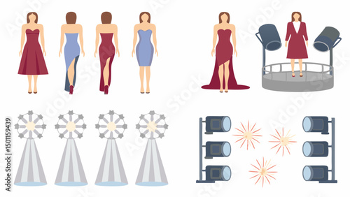 Illustrative fashion show with models in dresses, spotlights, and stage lighting equipment shown