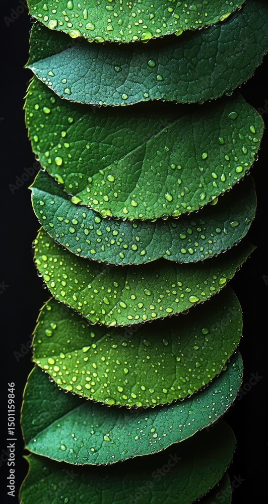 Obraz premium Stacked, vibrant green leaves, covered in water droplets, arranged vertically against a black background