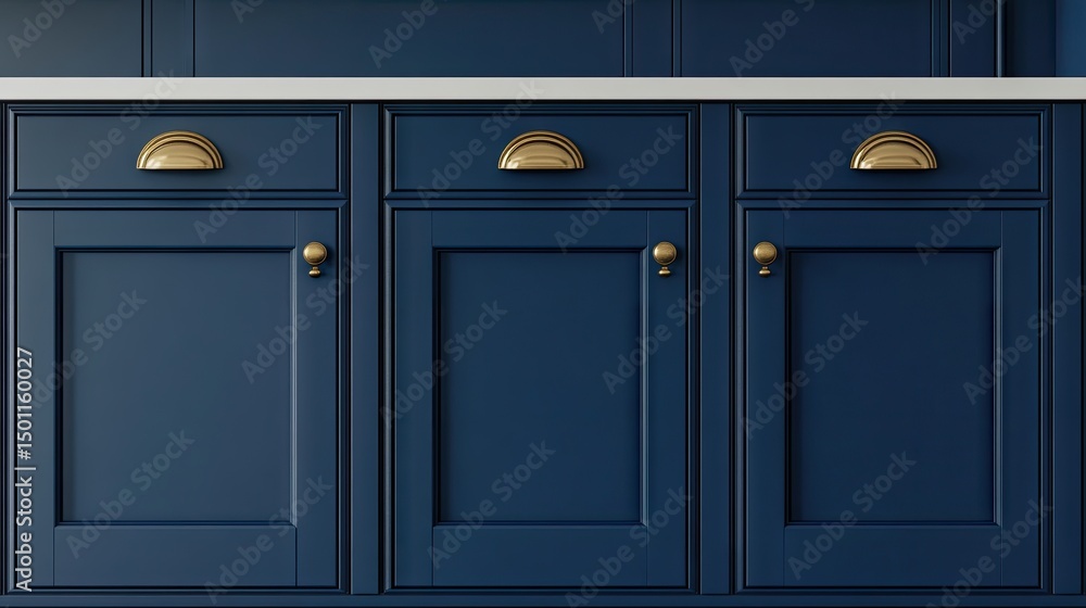 Fototapeta premium Deep navy blue kitchen cabinets with brass pulls.