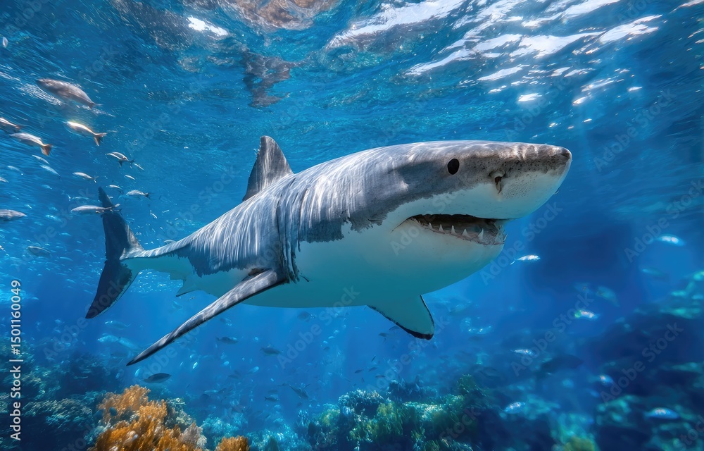 Naklejka premium In the deep sea, there is an incredibly large shark swimming with fish around it.