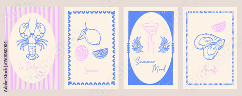 Set of abstract summer vintage posters. Hand drawn lemons, lobster, oysters, glass. Italian vibe of postage stamps. Vector illustration ink doodle sketch.
