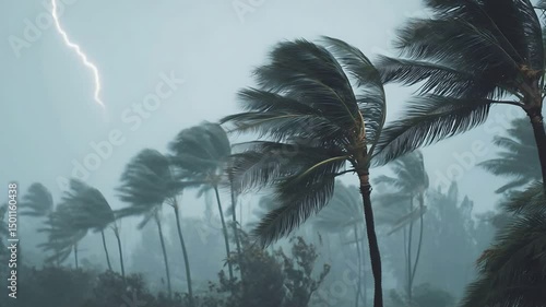 Tropical Storm Palm Trees Bent By Strong Winds