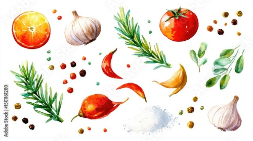 Watercolor Spices Citrus with Garlic, Tomato, and Rosemary on White.