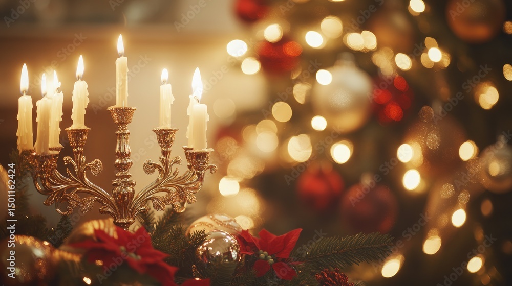 Illuminated candleholder amidst christmas decorations. Illuminated candleholder amidst christmas decorations.