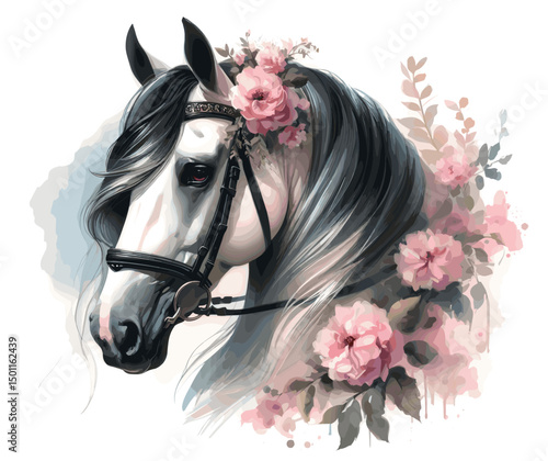 White Horse. Flowers. Horse head.  Portrait. Watercolor style. Isolated on a white background. Banner. Vector illustration, AI