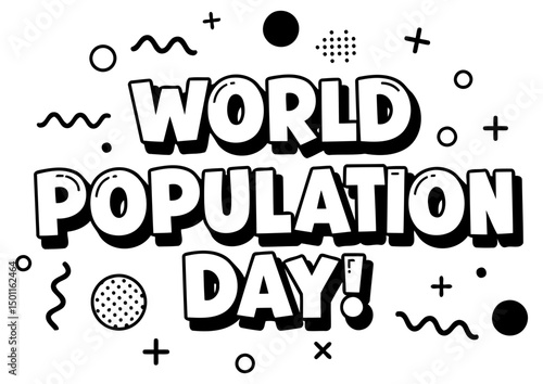 World Population Day graphic design celebrating the day with bold, stylized lettering. Modern graphic design with a comic book style.