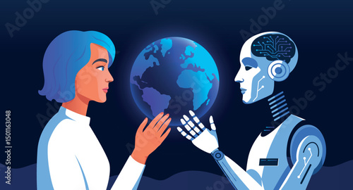 A robot and a female scientist holding Earth virtual globe vector illustration. Human and AI technology