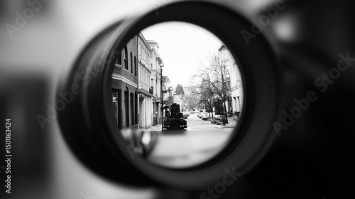 City street viewed through a camera lens.