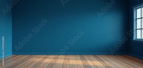 Dark blue wall, bare wooden floor, empty room , blank, minimal