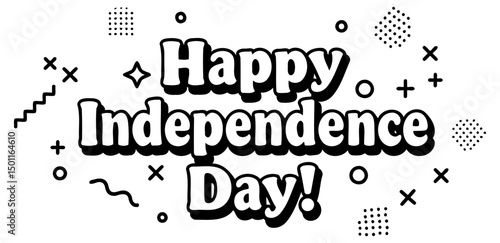 Happy Independence Day graphic design in a modern, retro style. Bold text with geometric shapes and patterns.