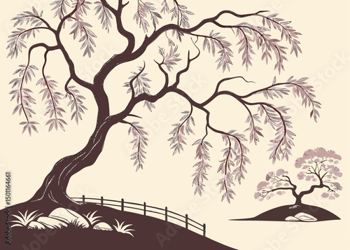 Stylized tree illustration in classic Japanese art aesthetic, showing elongated branches and fine leaf details over a clean vector layout perfect for ornamental design