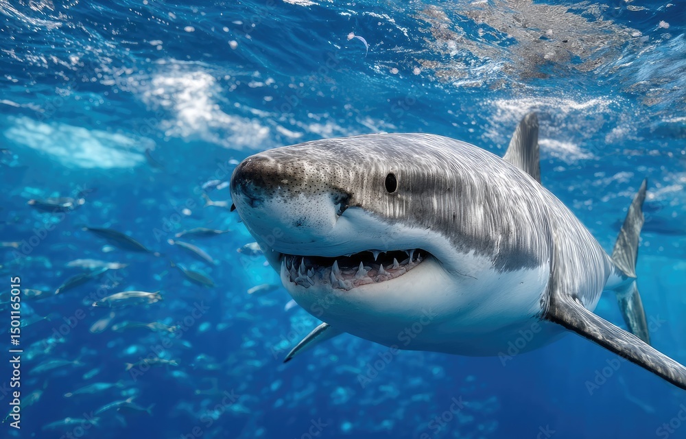 Fototapeta premium A large shark swimming in the deep blue sea, surrounded by fish and other marine life.