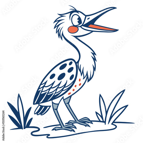 Cartoon heron stands in wetland grass with open beak in a comical style