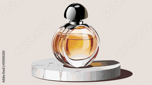 A beautifully designed vector illustration of an elegant perfume bottle, sitting on a smooth marble surface. The warm tones of the perfume contrast with the sleek contours, creating a luxuri...