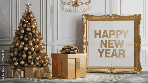 Explore a sophisticated New Year setting featuring a beautifully decorated Christmas tree, golden gifts, and an elegant frame displaying 'Happy New Year'. Perfect for festive themes!