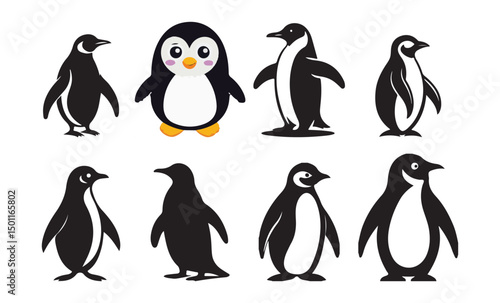 Black silhouettes of penguins set on a white background, Collection of penguins' silhouettes. vector illustration eps 10
