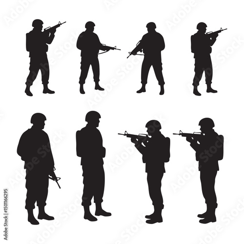 Silhouette set of soldier on white background