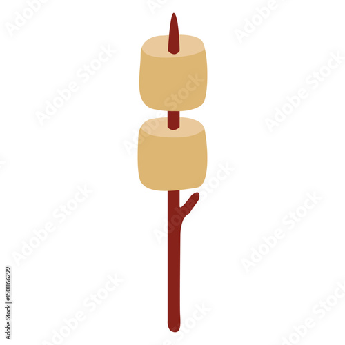 Marshmallows on a wooden skewer, a twig, for cooking over a campfire. Vector drawing on a white background.