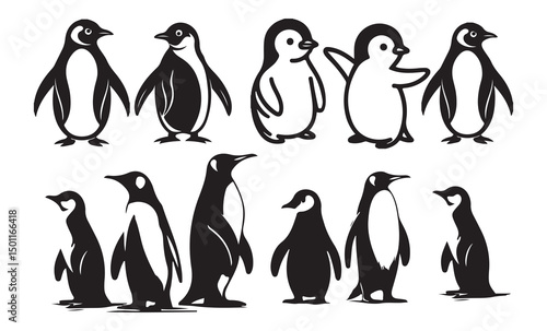 Collection of penguins' silhouettes. penguin different pose walking and skating. vector illustration