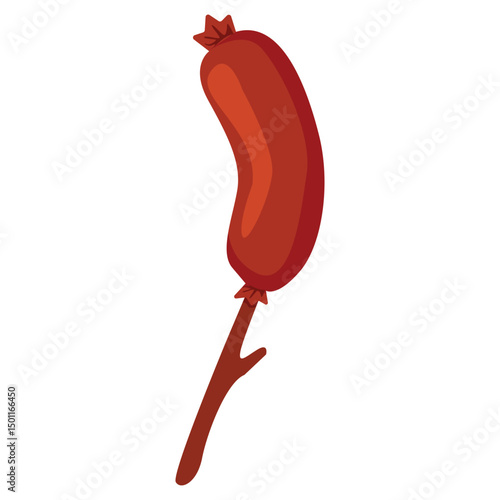 Sausage on a wooden skewer, a twig, for cooking over a campfire. Vector drawing on a white background.