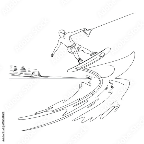Wakeboarding Athlete Line Art Minimalist Design Illustration