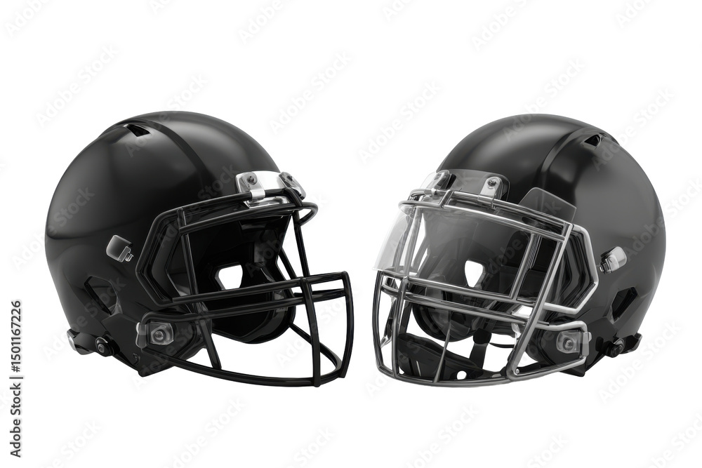 Fototapeta premium Two sleek football helmets isolated on transparent PNG background