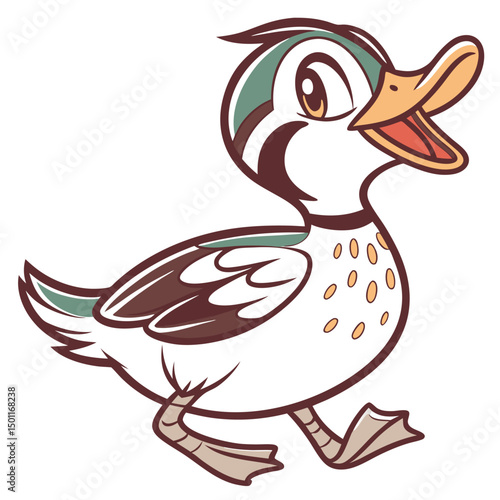 Cartoon duck is walking with its mouth open and a smile on its face