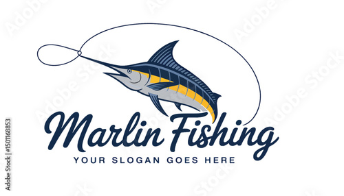 Striped Marlin Fishing Logo Design with Hook and Linesea fish logo