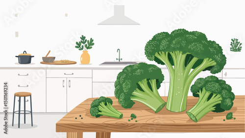 Fresh Broccoli on Kitchen Table Vibrant Vector Illustration