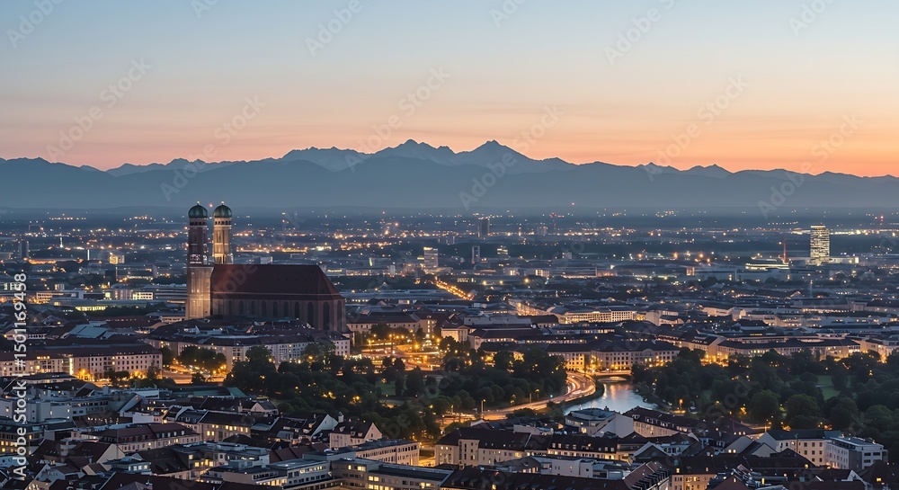 Obraz premium Twilight View of Munich Cityscape with the Alps in the Background