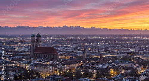 Twilight View of Munich Cityscape with the Alps in the Background