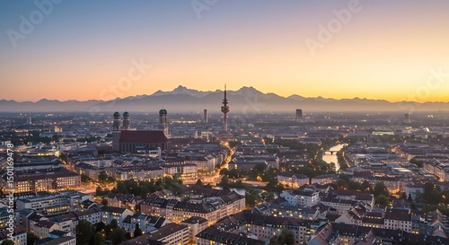 Twilight View of Munich Cityscape with the Alps in the Background