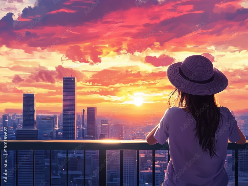 Fototapeta premium Peaceful scene of a girl in a hat standing on a balcony, gazing at a glowing sunset cityscape. Calm and picturesque style, perfect for travel, lifestyle, or inspiration themes.