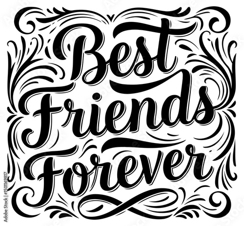 Best Friends Forever inspirational graphic design. Black and white decorative lettering design in a timeless font. No specific location or demographic. suitable for any use.